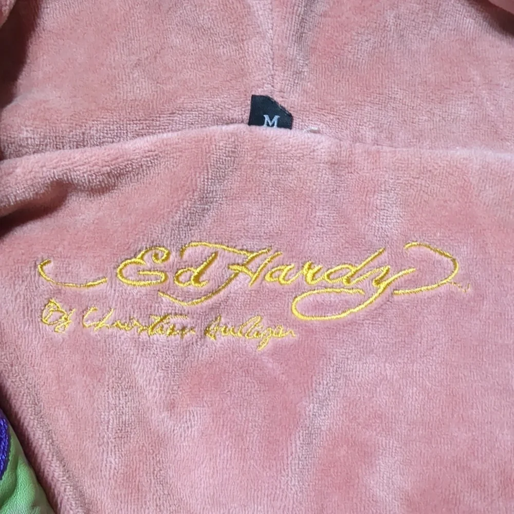 Ed Hardy by Christian Audigier Green Pink Leather Jacket hoodie Women's Medium
